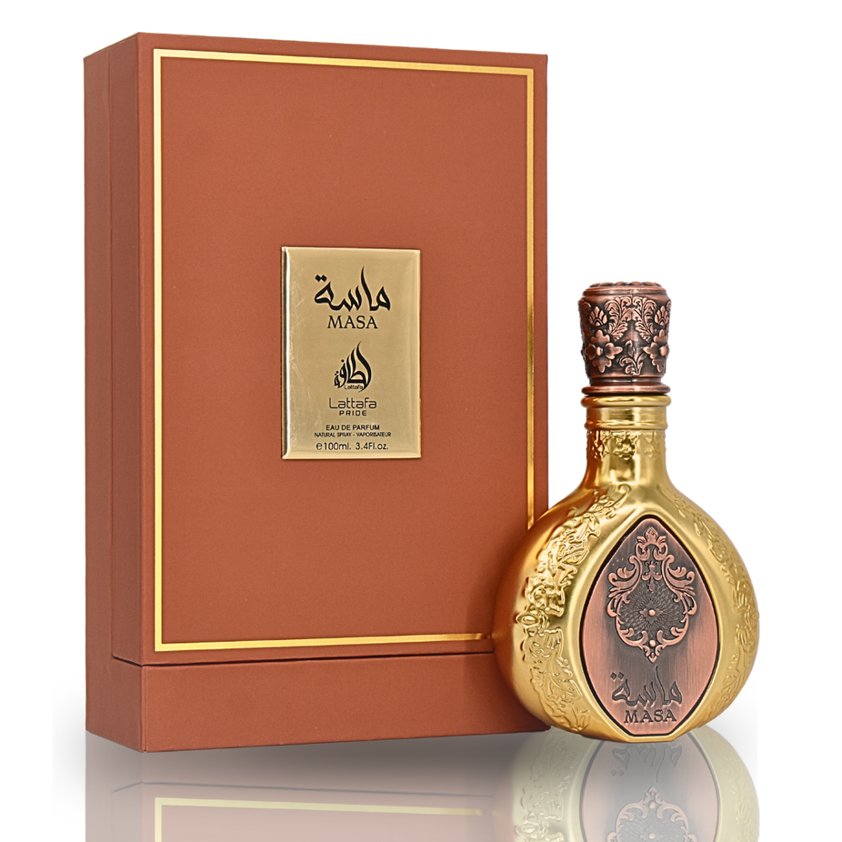 Masa EDP Eau De Parfum by Lattafa Pride in 100ml bottle, featuring a sleek design and elegant fragrance presentation.