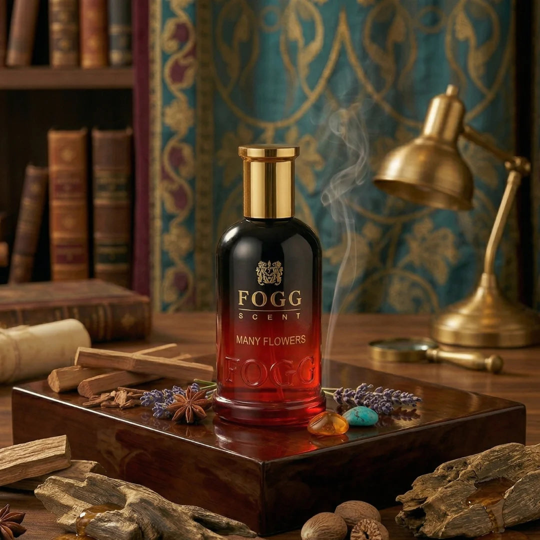 Fogg Many Flowers Eau de Parfum spray bottle, 100ml, with floral design and elegant packaging for women.