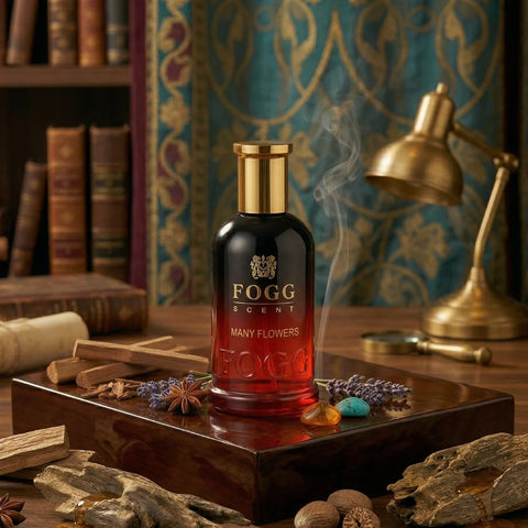 Fogg Many Flowers Eau de Parfum spray bottle, 100ml, with floral design and elegant packaging for women.