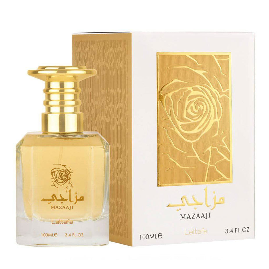 Lattafa Mazaaji for Women EDP 100ML bottle with elegant floral design and sleek glass container.