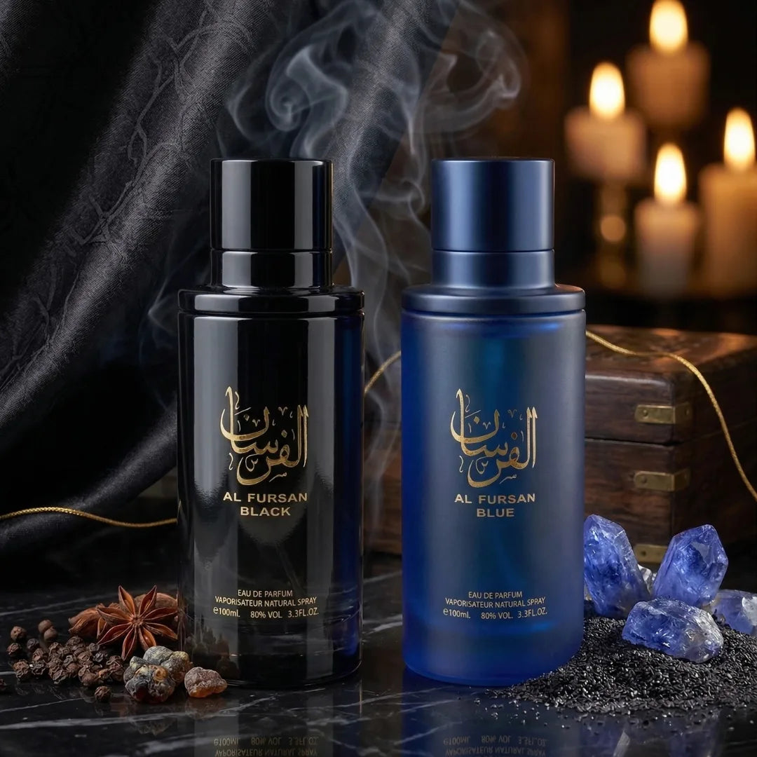 Bundle of Aura Fragrances Al Fursan Black and Blue Eau De Parfum sprays, 100ml each, with stylish bottle designs.