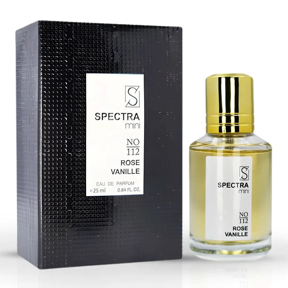 Spectra Mini Rose Vanille No. 112 Eau De Parfum spray, 25ml, with elegant floral and vanilla fragrance in a sleek bottle.