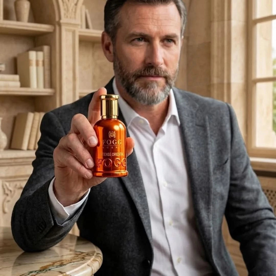 Fogg Intense Oriental Eau de Parfum spray for men, 100ml bottle, featuring a sleek design and warm, spicy fragrance.