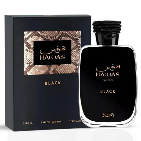 Rasasi Hawas Black and Hawas For Her Eclat Eau de Parfum Spray bundle, 100ml bottles, featuring sleek black and elegant packaging