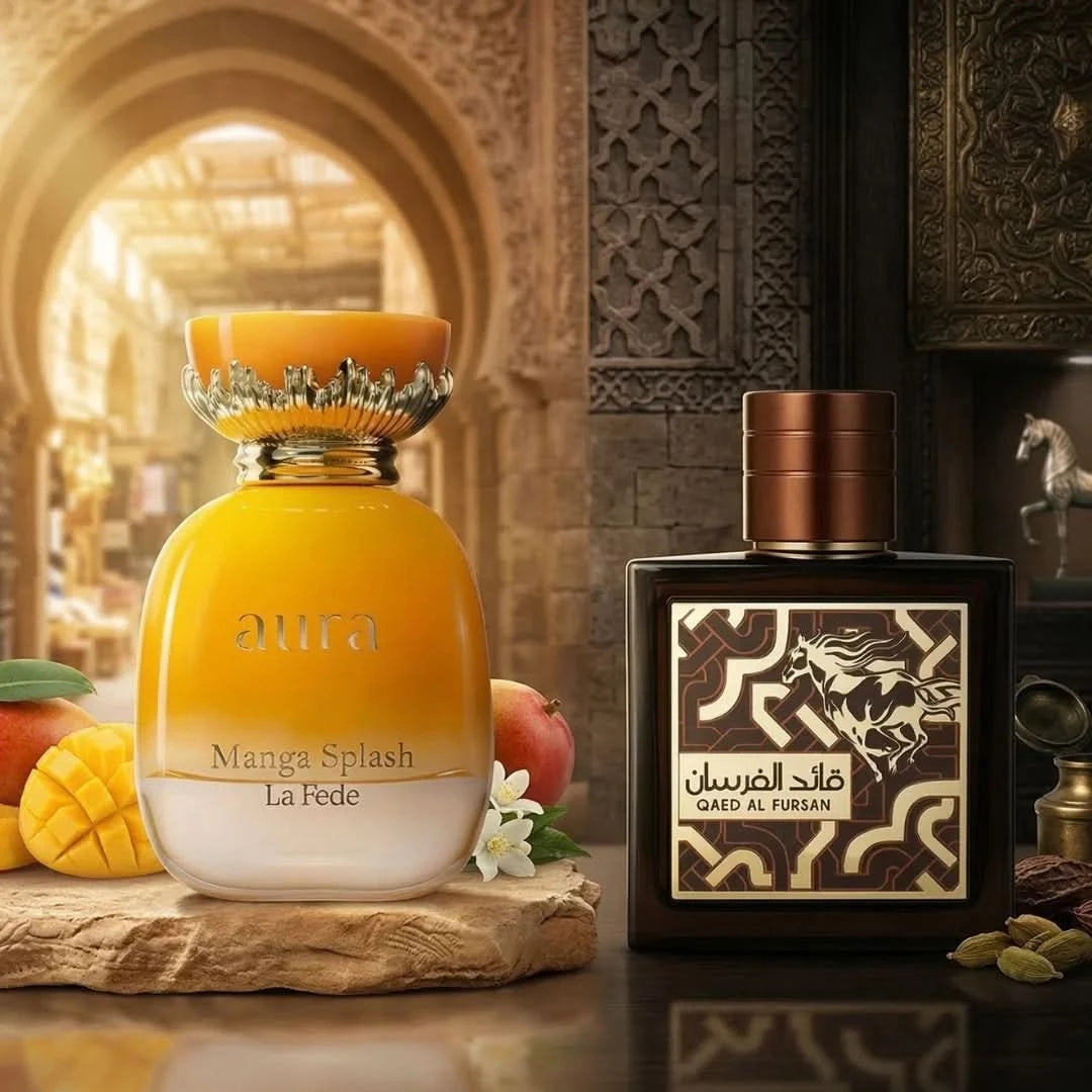 Bundle of La Fede Aura Manga Splash and Qaed Al Fursan Untamed Eau de Parfum sprays by Intense Oud, featuring elegant perfume bottles.