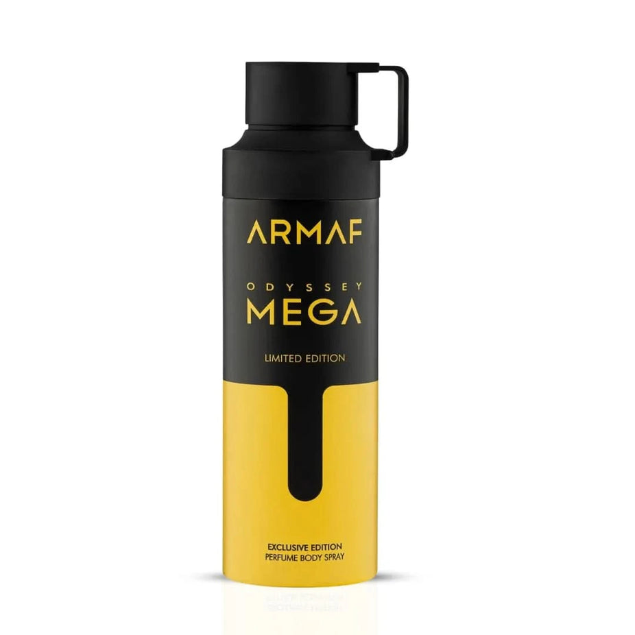 Odyssey Mega Man deodorant spray by Armaf, 200ml bottle with a sleek design, suitable for daily use.