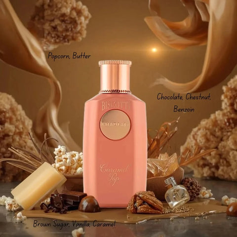 Khadlaj Biscotti Caramel and Biscotti Melon Misk Eau de Parfum bundle, 100ml spray bottles, featuring caramel and melon scent profiles