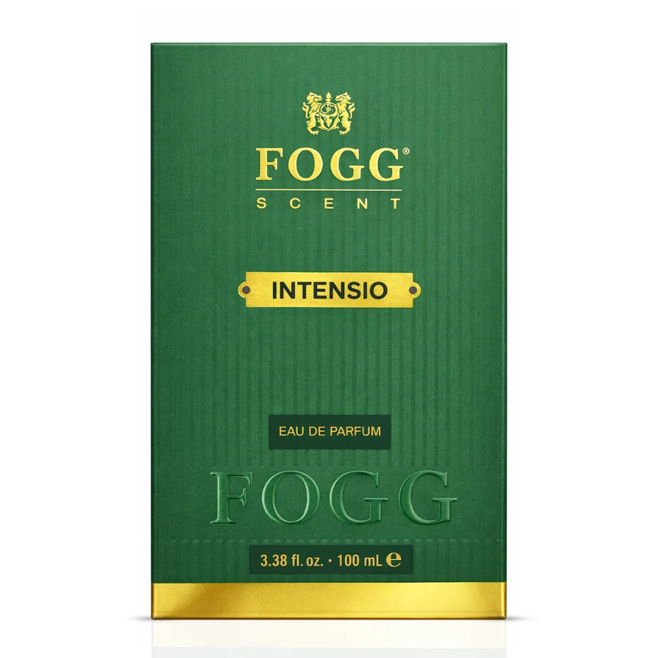 Fogg Intensio for Men Eau de Parfum spray 100ml bottle with sleek design, showcasing the fragrance's premium packaging.