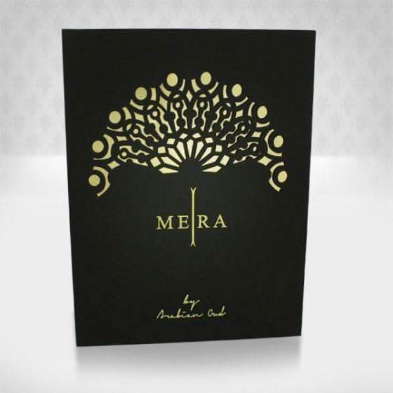 Arabian Oud Mera Gold for Women EDP 100ML perfume bottle with gold accents and floral design, showcasing elegant packaging.