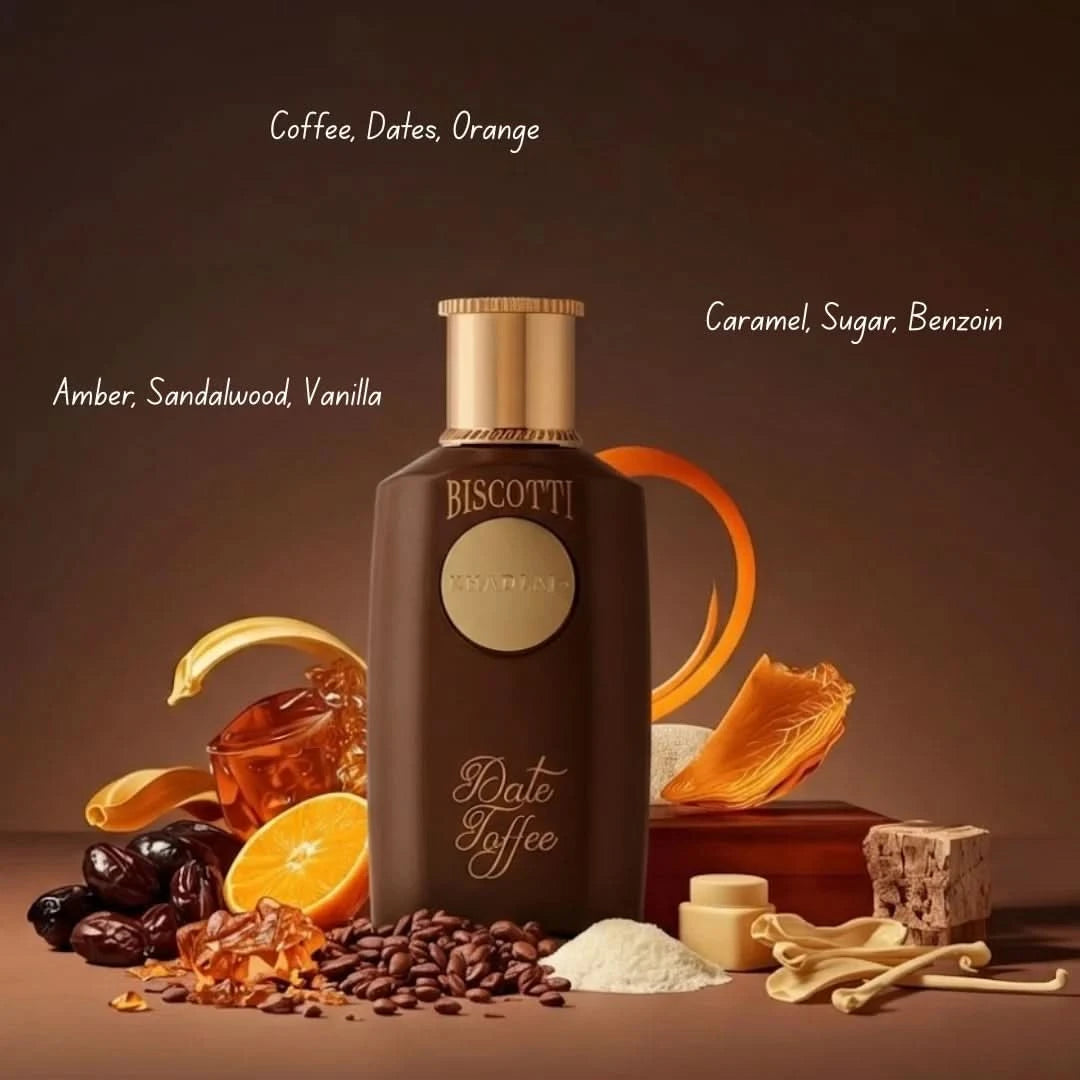 Khadlaj Biscotti Melon Misk, Date Toffee & Caramel Pop Eau de Parfum bundle with three 100ml spray bottles, elegant packaging.