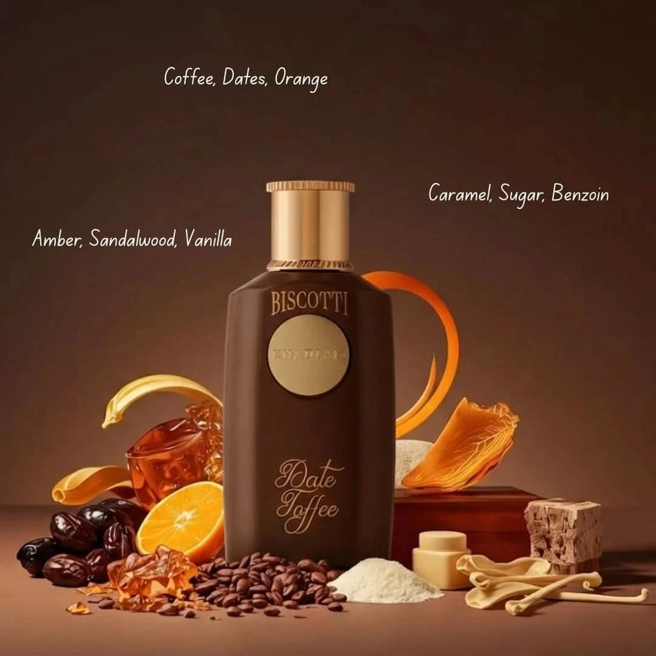 Khadlaj Biscotti Melon Misk, Date Toffee & Caramel Pop Eau de Parfum bundle with three 100ml spray bottles, featuring elegant packaging.