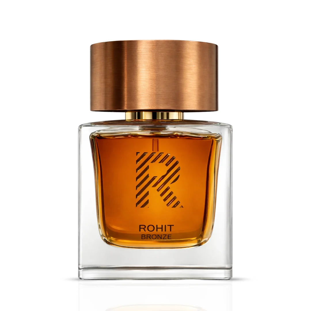 Rohit Bronze Eau de Parfum spray by Bharara, 100ml bottle, featuring a sleek bronze-colored design and elegant packaging.