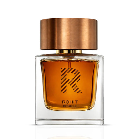 Rohit Bronze Eau de Parfum spray by Bharara, 100ml bottle, featuring a sleek bronze-colored design and elegant packaging.