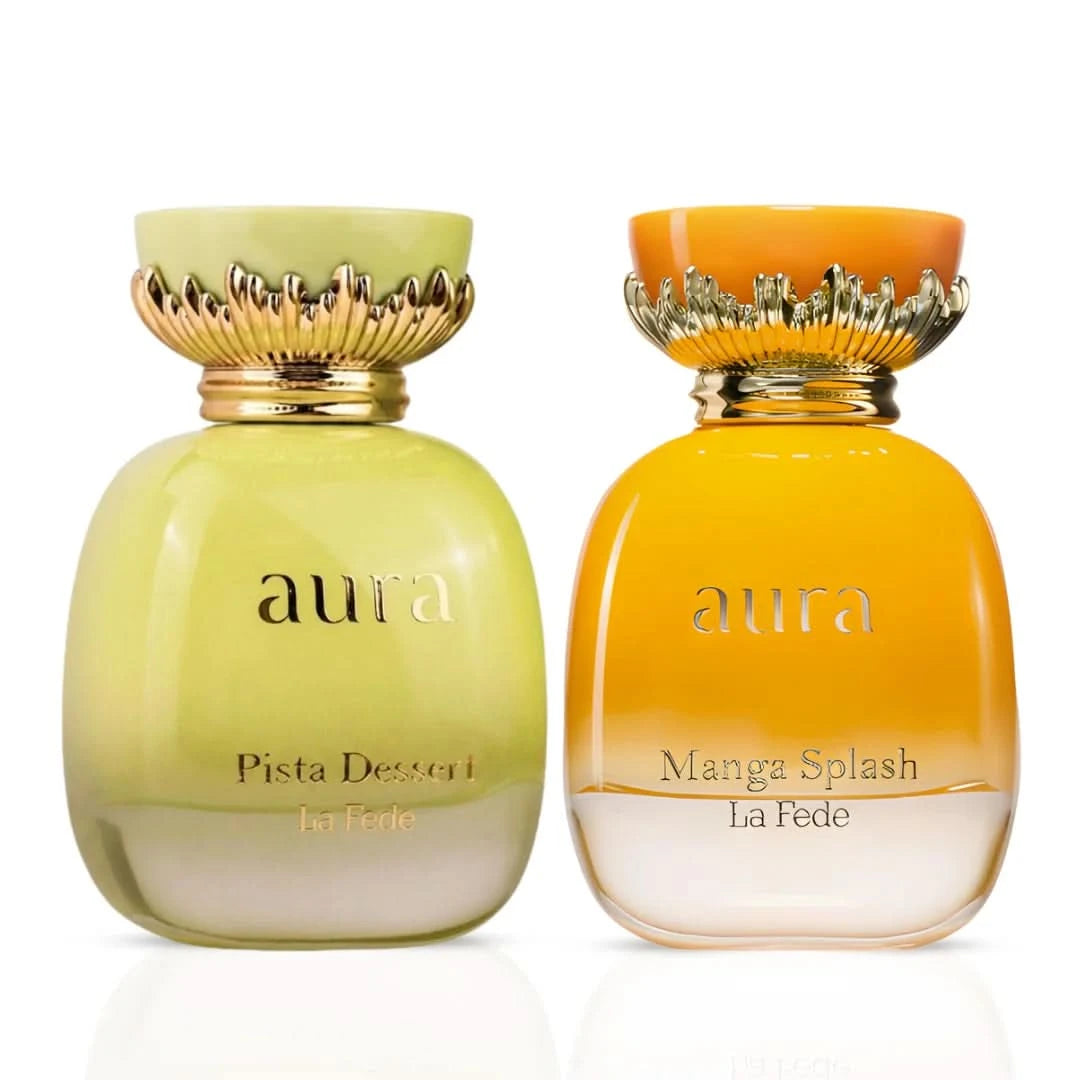 Khadlaj La Fede Aura Pista and Aura Manga Splash Eau de Parfum Spray bundle, 100ml bottles with decorative packaging and branding.