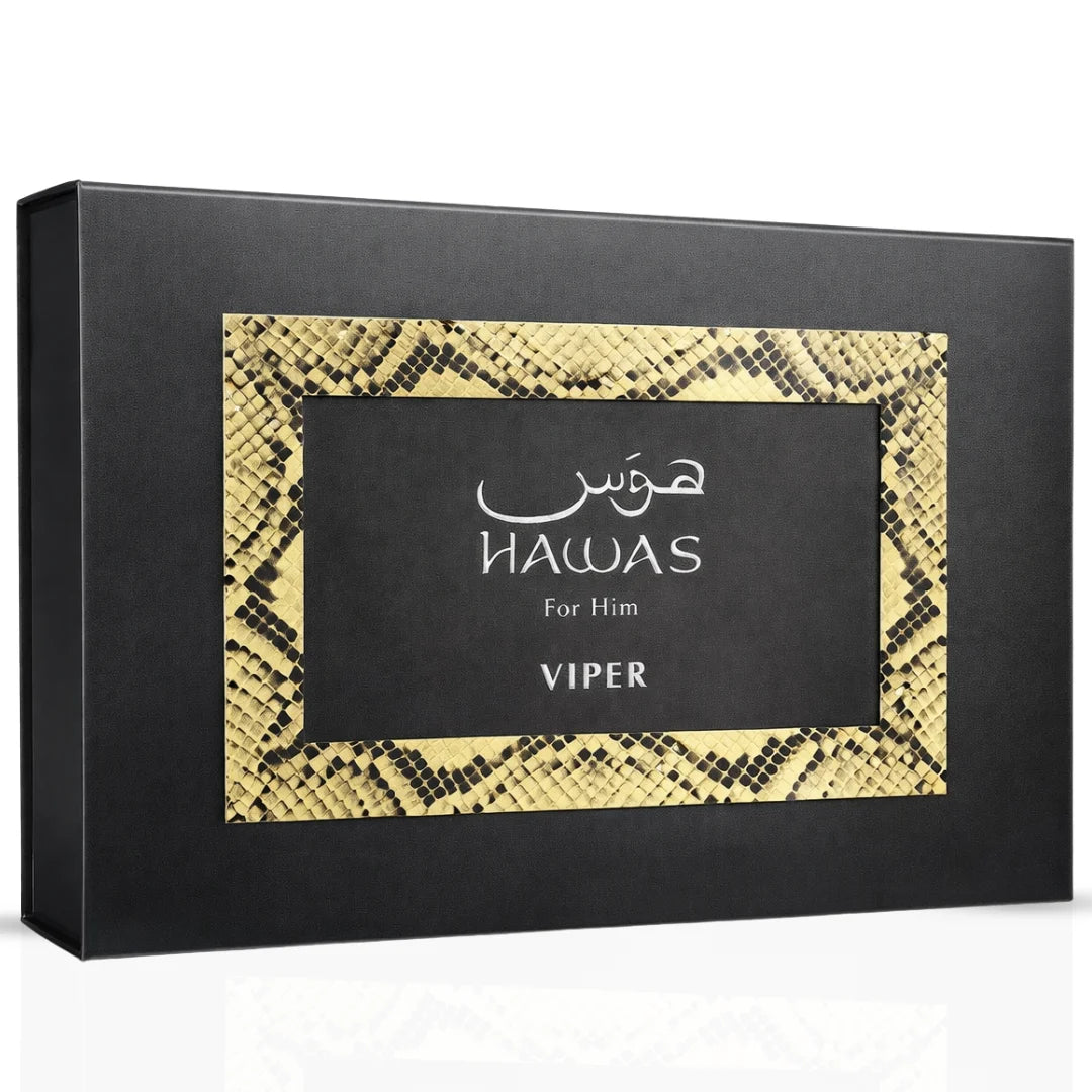 Rasasih Hawas Viper 3-piece perfume gift set with bottles of fragrance and decorative packaging, by Rasasi.