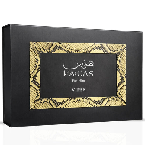 Rasasih Hawas Viper 3-piece perfume gift set with bottles of fragrance and decorative packaging, by Rasasi.