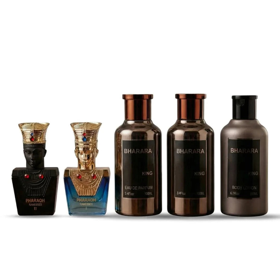 Bharara King 5-piece fragrance gift set with elegant bottles, showcasing a collection of luxurious perfumes by BHARARA.