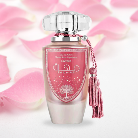 Lattafa Mohra Silky Rose 100ML Eau De Parfum bottle with velvet pouch, featuring fruity, floral, musky fragrance notes.
