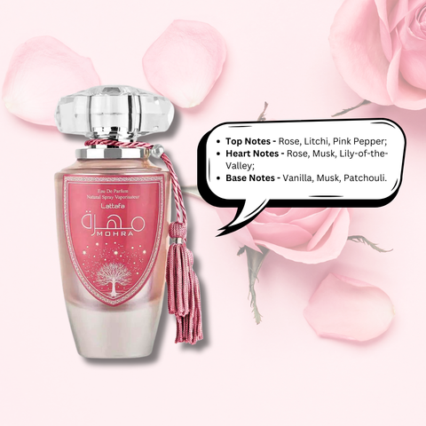 Lattafa Mohra Silky Rose EDP 100ML bottle with velvet pouch, featuring fruity, floral, musky fragrance notes.