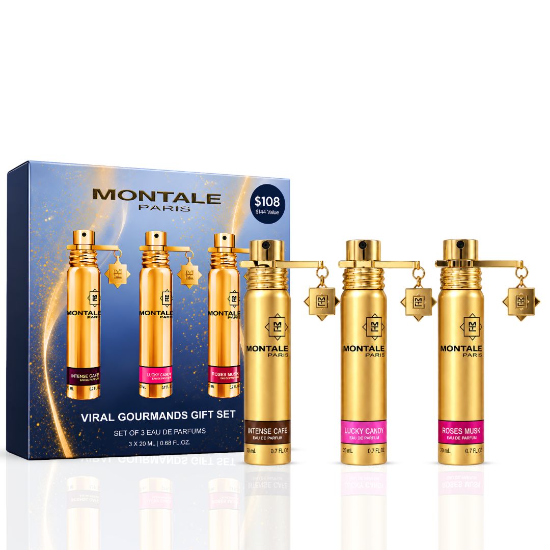 Montale Viral Gourmand Travel Fragrance Set with Lucky Candy, Roses Musk, and Intense Café 20ml Eau de Parfum sprays, gift set.
