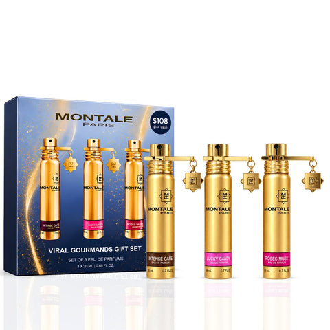 Montale Viral Gourmand Travel Fragrance Set with Lucky Candy, Roses Musk, and Intense Café 20ml Eau de Parfum sprays, gift set.
