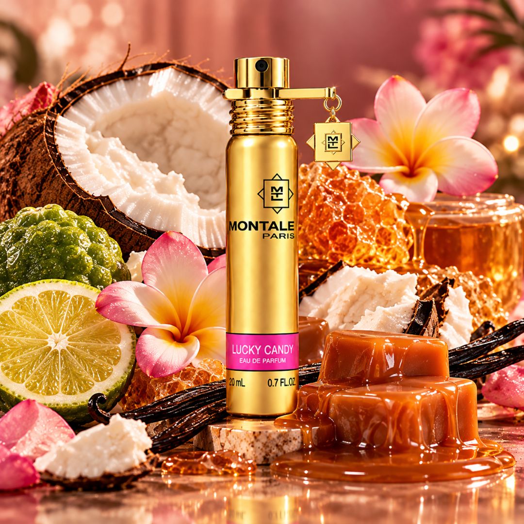 Montale Viral Gourmand Travel Fragrance Set with Lucky Candy, Roses Musk, and Intense Café 20ml Eau de Parfum sprays in a gift box.