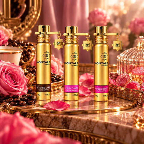 Montale Viral Gourmand Travel Fragrance Set with Lucky Candy, Roses Musk, and Intense Café 20ml Eau de Parfum sprays.