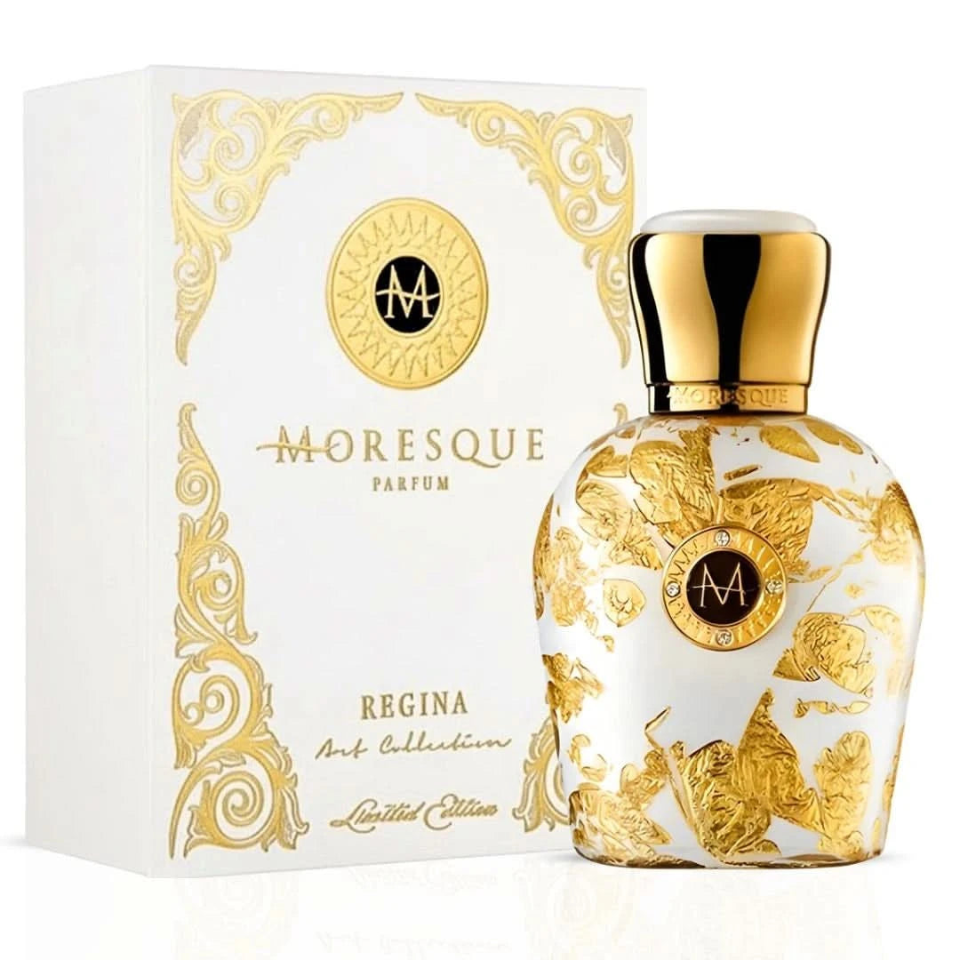 Moresque Regina Eau de Parfum spray bottle, 50ml, elegant packaging with floral and woody notes visible in the design