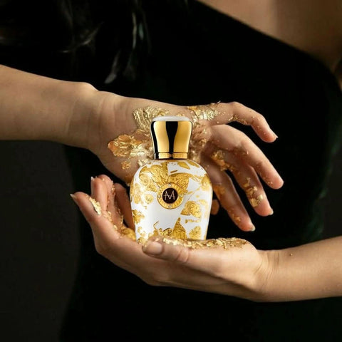 Moresque Regina Eau de Parfum spray 50ml bottle, elegant design, showcasing the luxurious fragrance and branding.