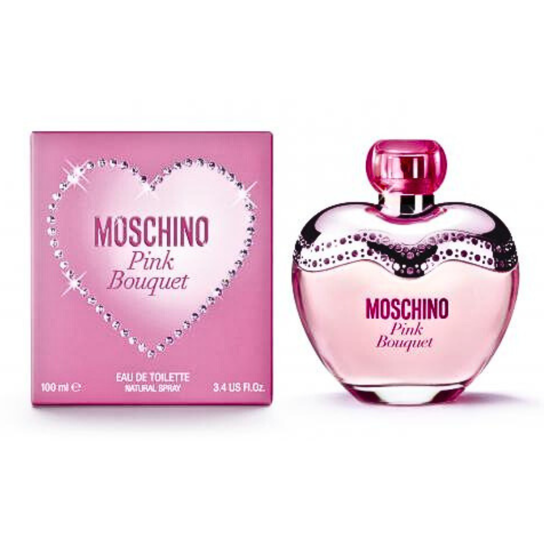 Moschino Pink Bouquet EDT 100ml bottle featuring a pink floral design, showcasing the elegant glass container and colorful floral accents.