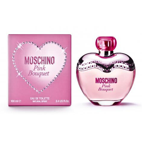 Moschino Pink Bouquet EDT 100ml bottle featuring a pink floral design, showcasing the elegant glass container and colorful floral accents.
