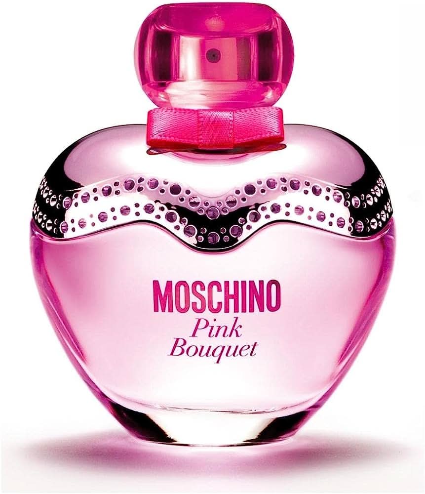 Moschino Pink Bouquet EDT 100ml bottle with pink floral design, showcasing elegant packaging for feminine fragrance.