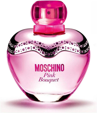 Moschino Pink Bouquet EDT 100ml bottle with pink floral design, showcasing elegant packaging for feminine fragrance.