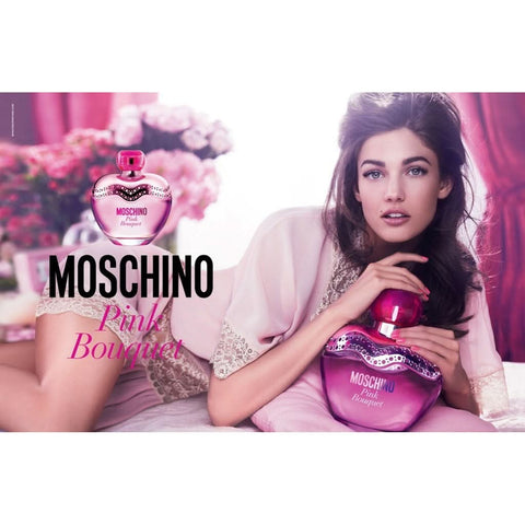 Moschino Pink Bouquet Eau de Toilette 100ml bottle with pink floral design and elegant packaging visible in the image.