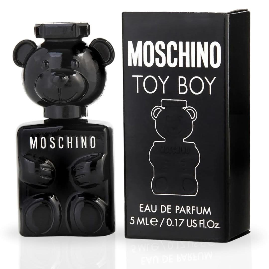 Miniature Toy Boy Eau de Parfum by Moschino in 5ml bottle, showcasing the luxury fragrance miniatures and sleek packaging.