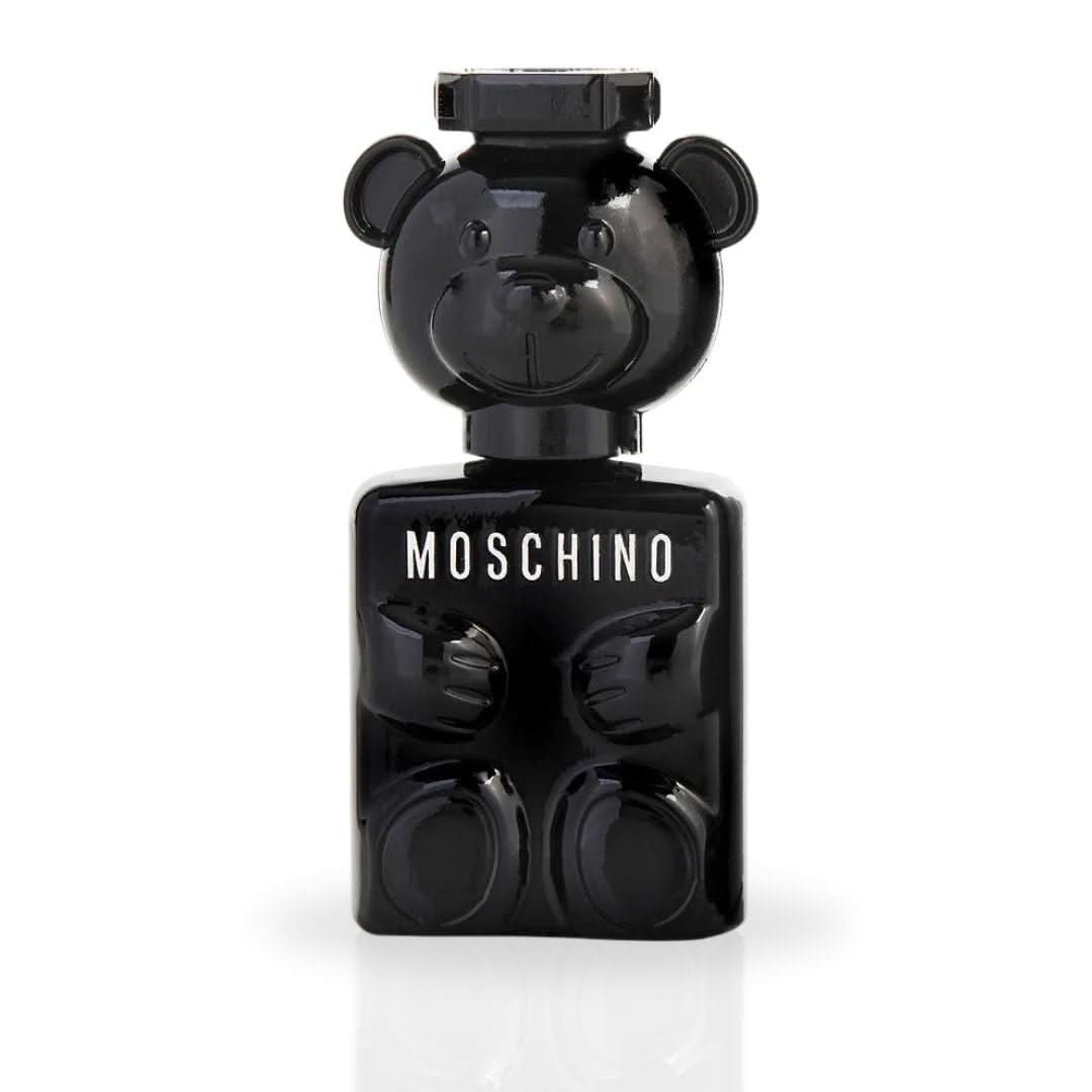 Miniature 5ml Moschino Toy Boy Eau De Parfum bottle, showcasing the luxury fragrance with a playful design and long-lasting scent.