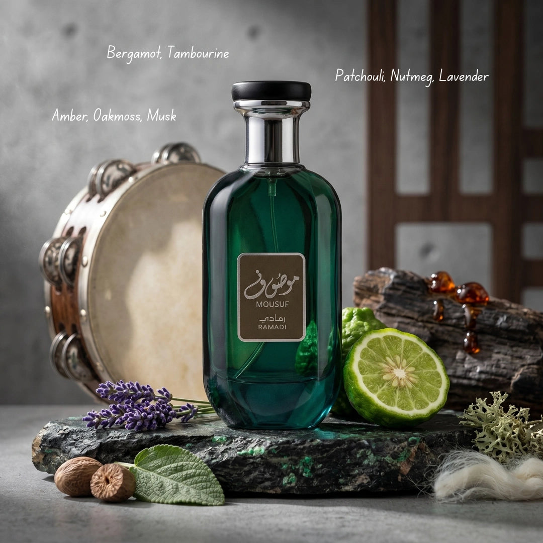Bundle of Ard Al Zaafaran Mousuf Azure and Mousuf Ramadi Eau de Parfum sprays, 100ml each, featuring elegant glass bottles.