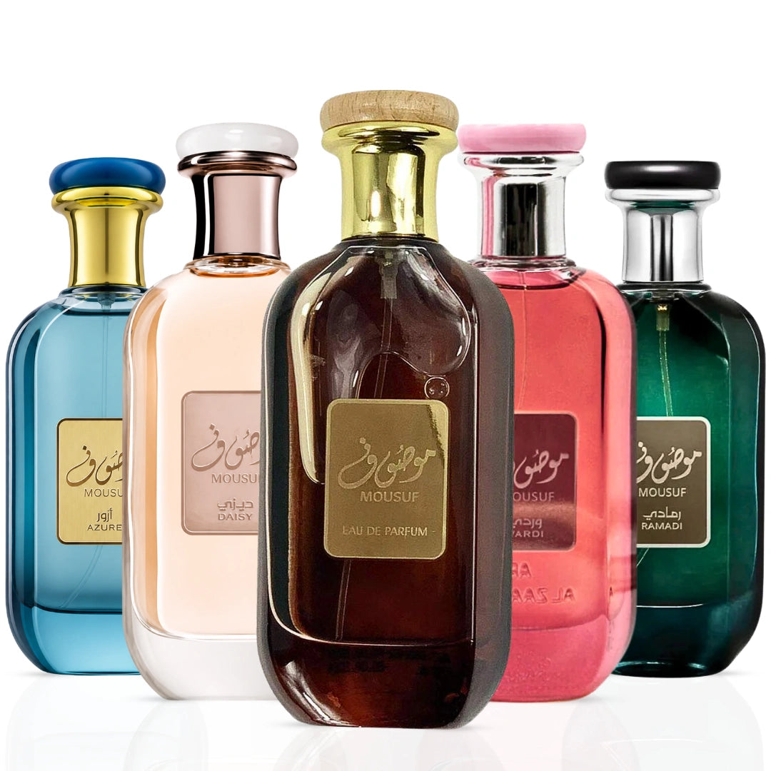 Set of five Ard Al Zaafaran Mousuf Eau de Parfum sprays including Mousuf, Azure, Daisy, Wardi, and Ramadi in 100ml bottles.