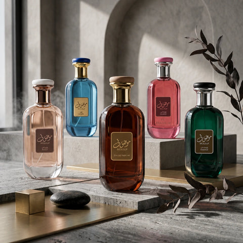 Set of five Ard Al Zaafaran Mousuf Collection Eau de Parfum sprays in 100ml bottles, featuring Mousuf, Mousuf Azure, Daisy, Wardi, and Ramadi.