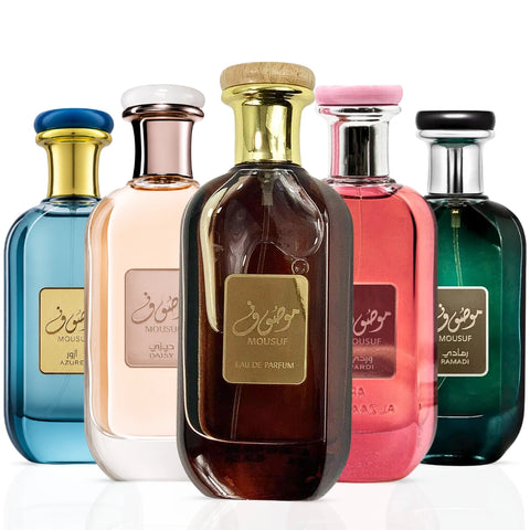 Set of five Ard Al Zaafaran Mousuf Eau de Parfum sprays including Mousuf, Azure, Daisy, Wardi, and Ramadi in 100ml bottles.