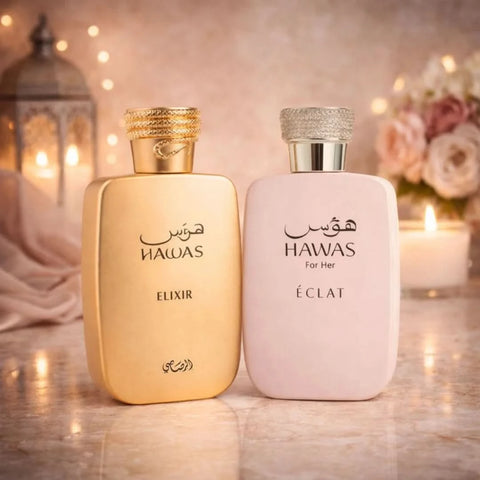 Rasasi Hawas Elixir & Hawas For Her Eau de Parfum spray bundle, 100ml bottles, featuring elegant packaging and product design