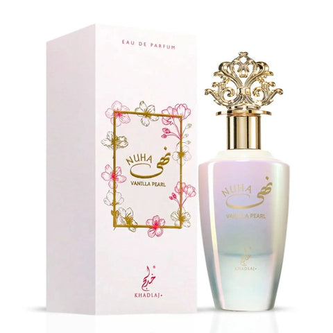 Khadlaj Nuha Cherry Blush and Vanilla Pearl Eau de Parfum Spray bundle, 85ml, featuring elegant bottles and floral design.