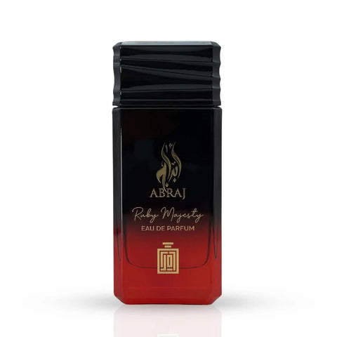 Aura Fragrances Abraj Ruby Majesty Eau De Parfum spray 100ml bottle, showcasing the elegant perfume design and packaging.