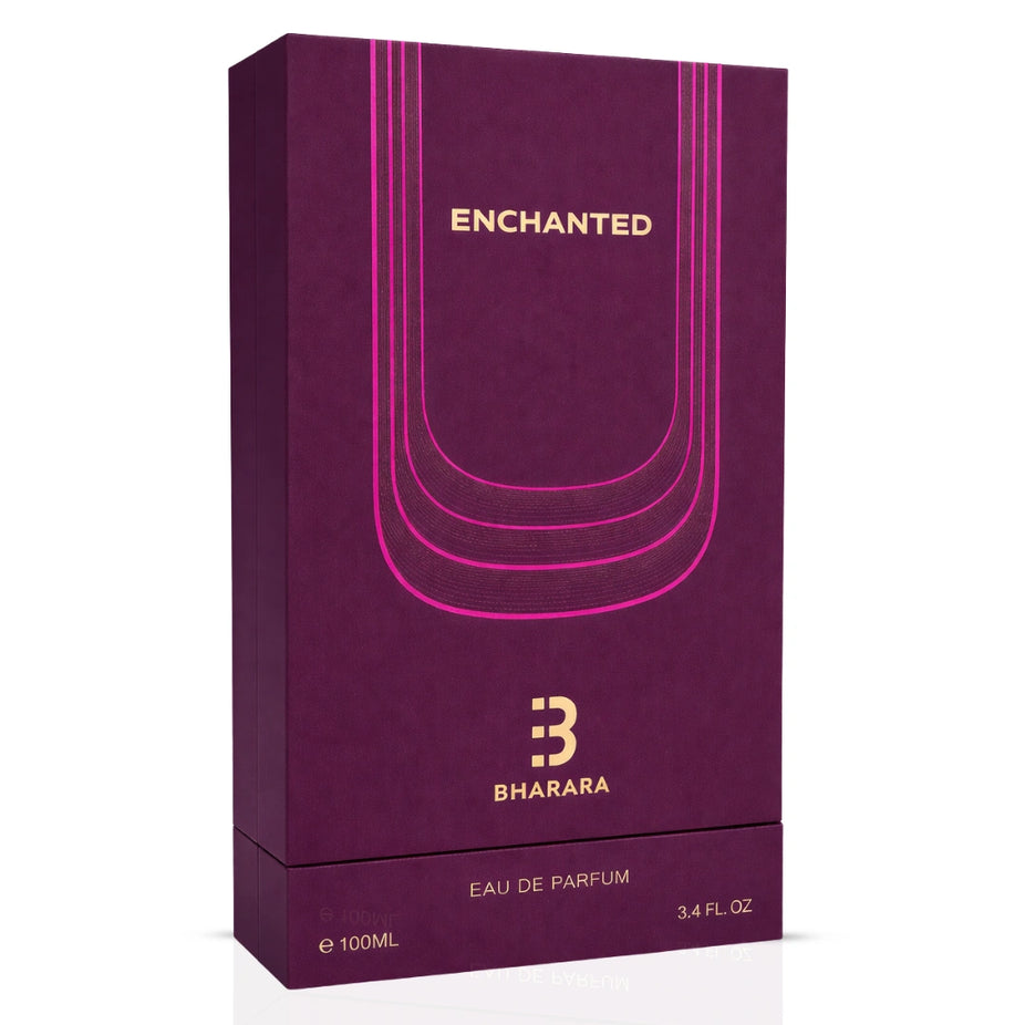 Bharara Enchanted Eau de Parfum Spray 100ml, elegant glass bottle with floral and fruity scent notes.