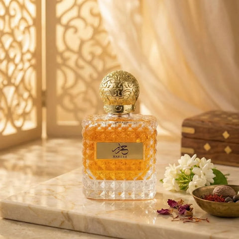 Hareer Eau De Parfum Spray by Aura Fragrances, 100ml bottle, elegant design, showcasing the perfume bottle with a sleek, stylish look.