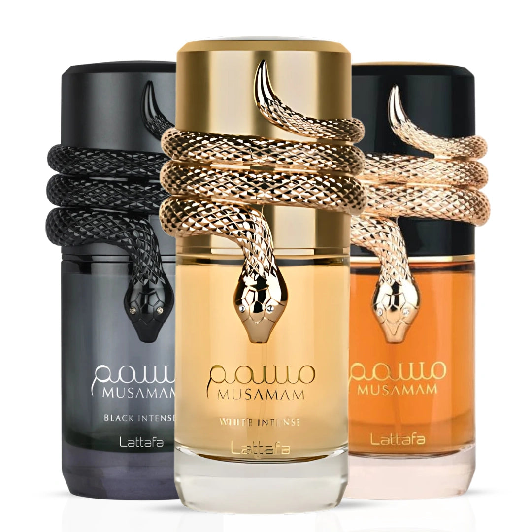 Lattafa Musamam & Musamam Black Intense Eau de Parfum spray bundle, 100ml each, featuring elegant bottles with sleek designs.