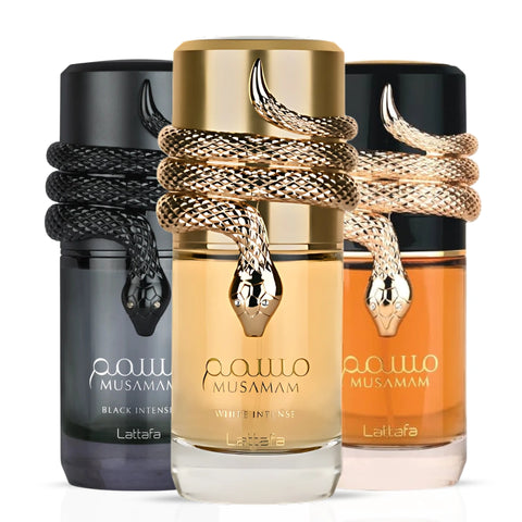 Lattafa Musamam & Musamam Black Intense Eau de Parfum spray bundle, 100ml each, featuring elegant bottles with sleek designs.