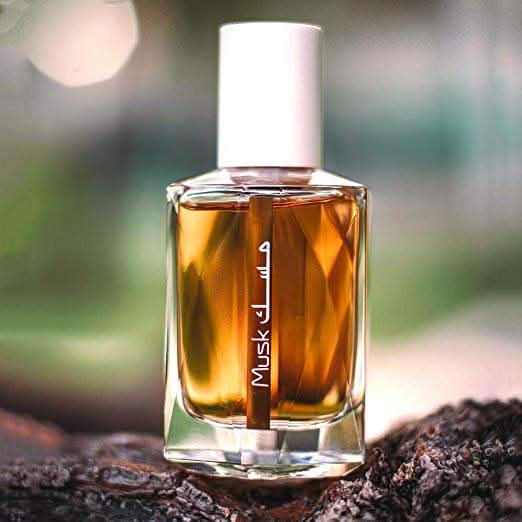 Rasasi Musk Sharqi Eau De Parfum 50ml bottle with elegant packaging and fragrance details visible.
