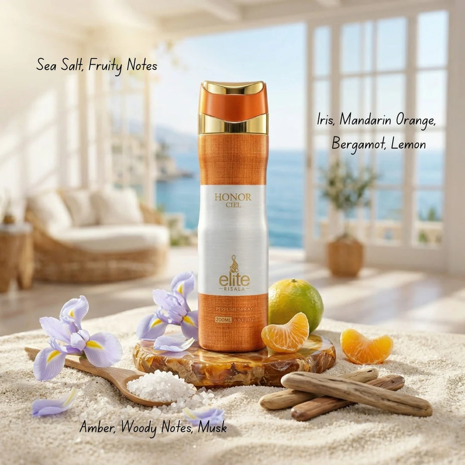 Honor Ciel Body Spray by Elite Risala in 200ml bottle, deodorant with a sleek design and fresh scent, shown in the image.