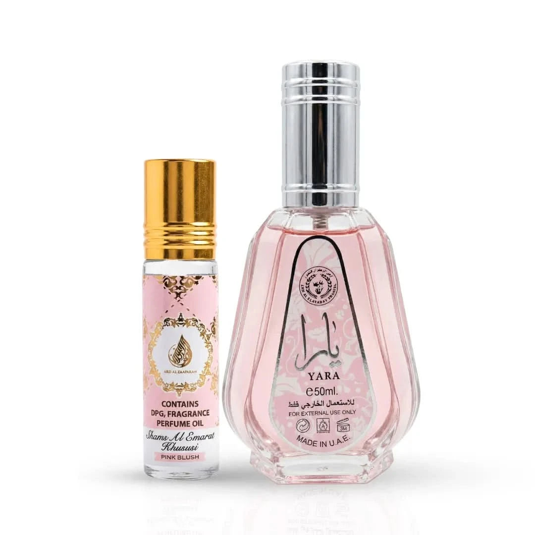 Ard Al Zaafaran perfume bundle with Yara Eau de Parfum spray and Pink Blush roll-on perfume oil, featuring elegant bottles and packaging